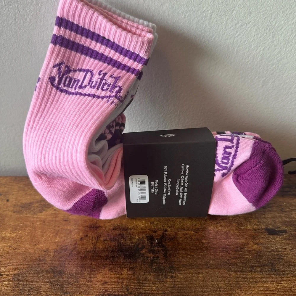 Von Dutch 3-Pack Women’s Pink and Purple Crew Socks with Logo NWT